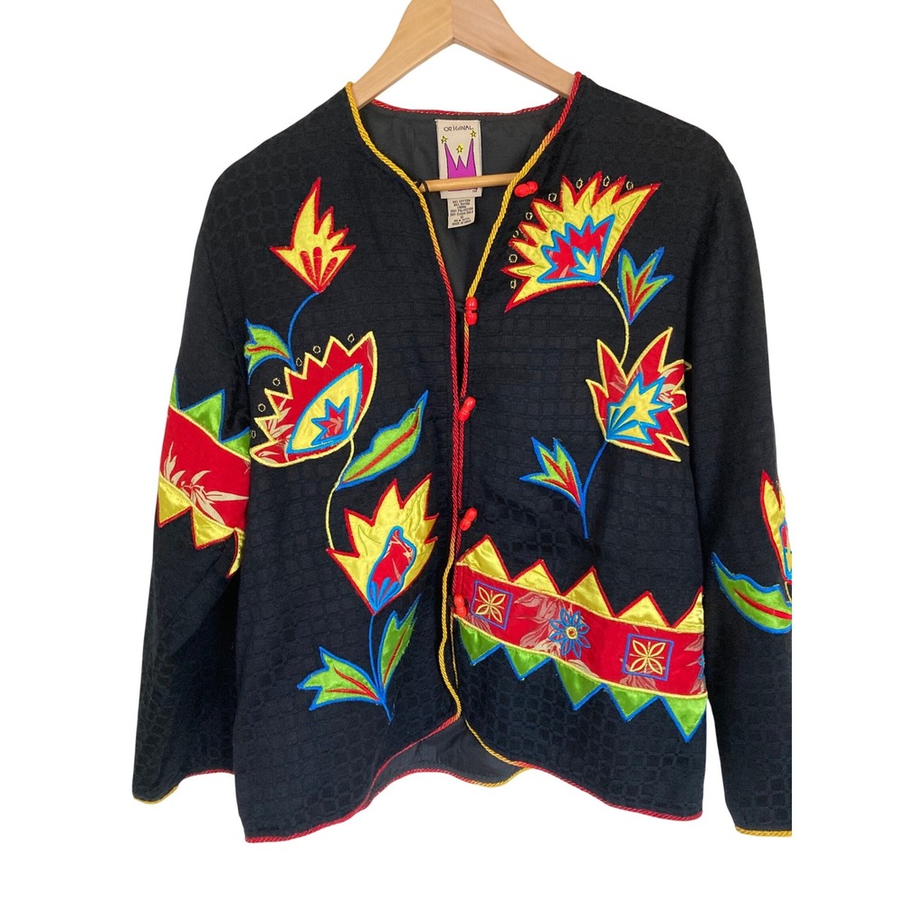 Anthony Art to Wear Floral Applique Embroidered Jacket Black Cotton Blend Small